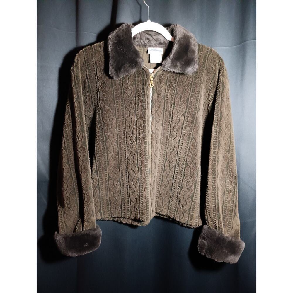 Willi Smith Women Large Cable Knit Zip Sweater Faux Fur Trim Y2K Boho Après Ski